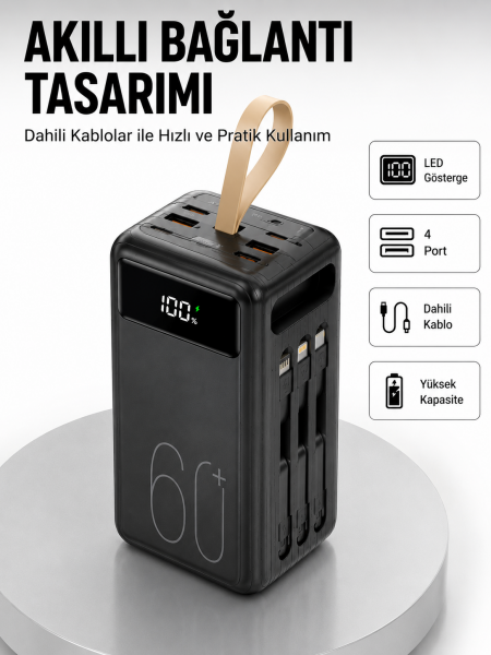 Tüm Cihazlarla Uyumlu LED Fenerli 4 Çıkışlı Powerbank Yeni Nesil