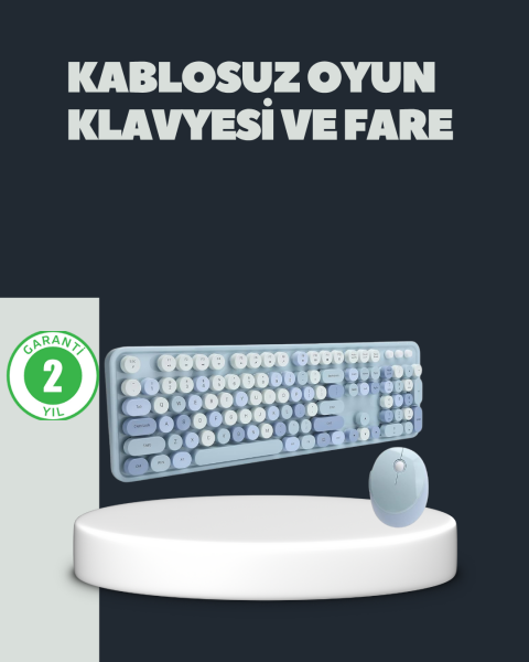 Retro Daktilo Stilli Kablosuz Klavye Mouse Seti – Sessiz ve Şık