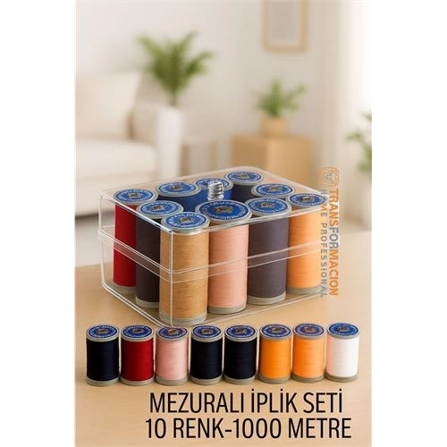Dikiş İpliği Seti - 10 Renk 1000 Mt Kutulu Mezuralı Dikiş Seti ( Lisinya )