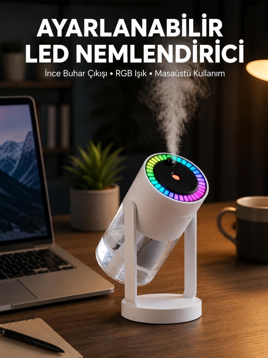 RGB Işıklı Hava Nemlendirici Ultrasonik Teknoloji ve Portatif Tasarım Yeni Nesil - Lisinya