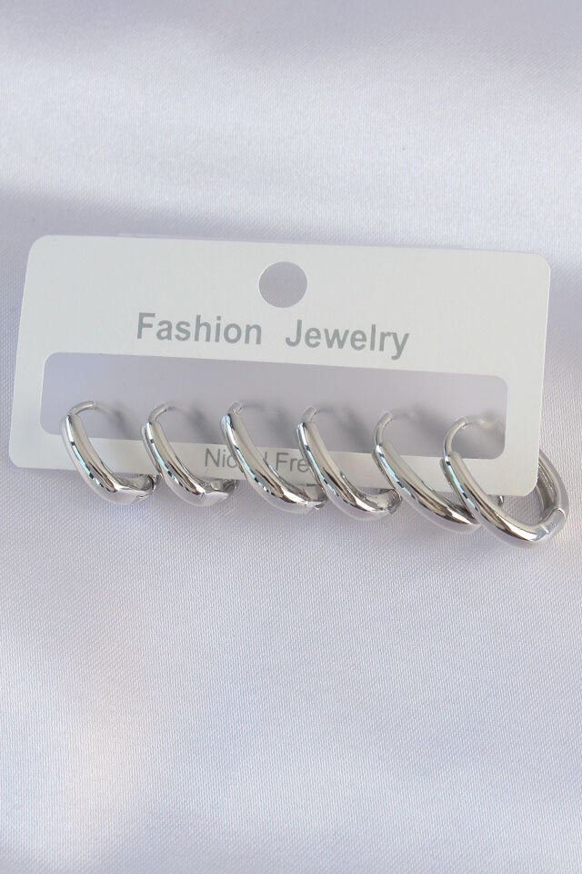 Pirinç Gümüş Renk Oval Küpe Seti - Lisinya