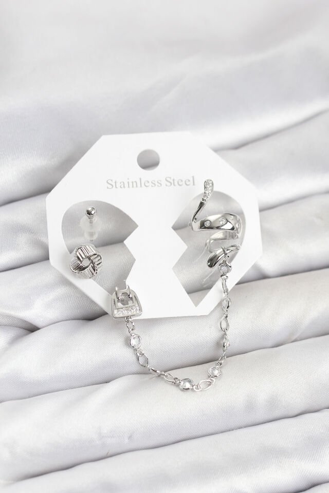 Pirinç Gümüş Renk Yılan Model Zincir Bağlantılı Ear Cuff Küpe Seti - Lisinya