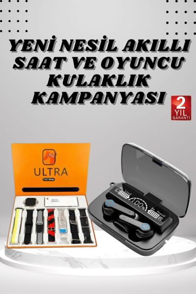 Dijital Göstergeli Powerbank Kulaklık ve 7 Kordonlu Yeni Nesil Akıllı Saat Amoled Ekran