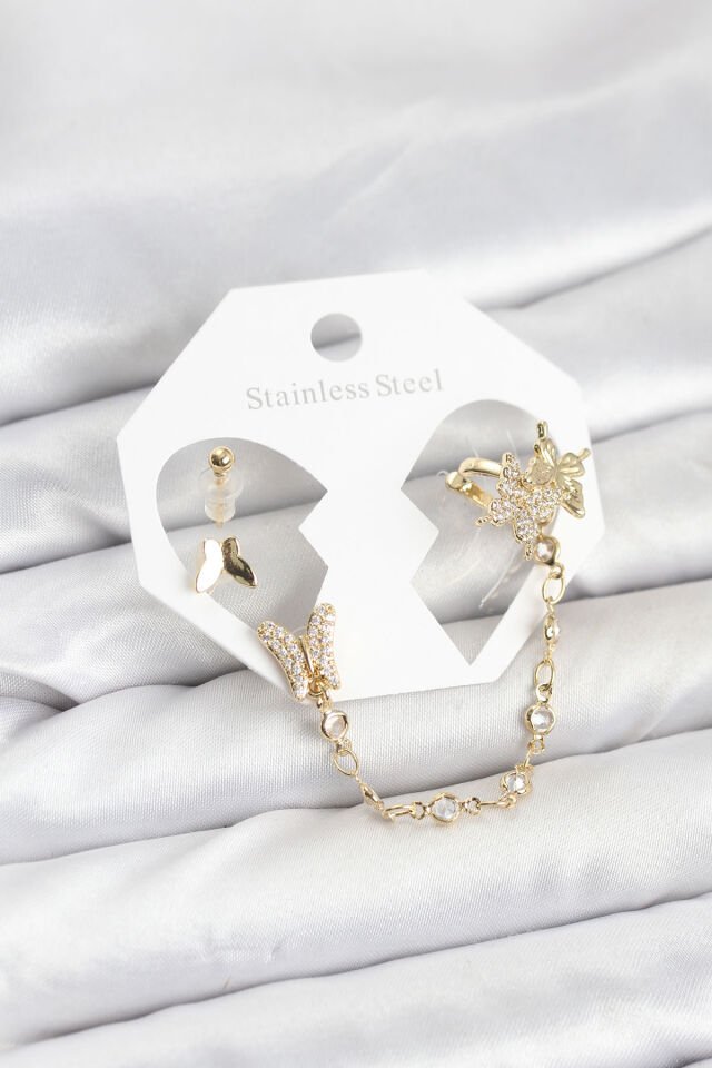 Pirinç Gold Renk Kelebek Model Zincir Bağlantılı Ear Cuff Küpe Seti - Lisinya