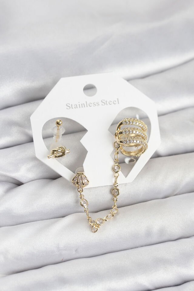 Pirinç Gold Renk Sarmal Model Zincir Bağlantılı Ear Cuff Küpe Seti - Lisinya