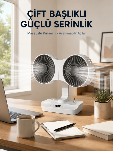 Duvara Monte Edilebilen Çift Başlıklı Sessiz Masa Fanı - Lisinya