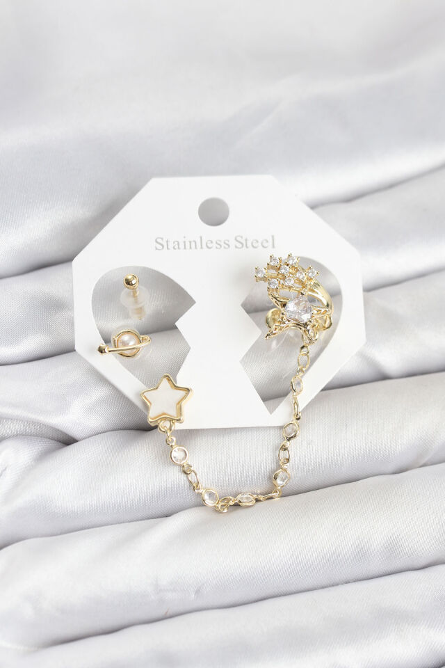 Pirinç Gold Renk Yıldız Model Zincir Bağlantılı Ear Cuff Küpe Seti - Lisinya