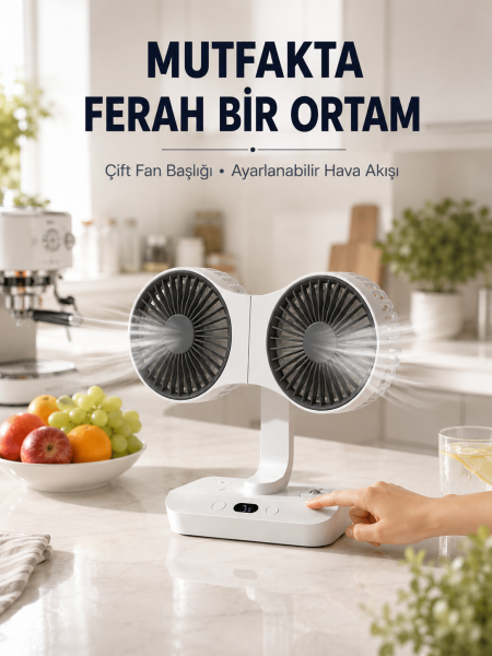 Ayarlanabilir Çift Fan Başlıklı Şarjlı Masa Vantilatörü - Lisinya