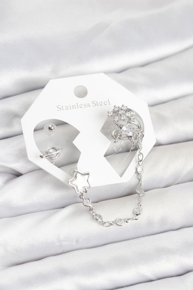 Pirinç Gümüş Renk Yıldız Model Zincir Bağlantılı Ear Cuff Küpe Seti - Lisinya