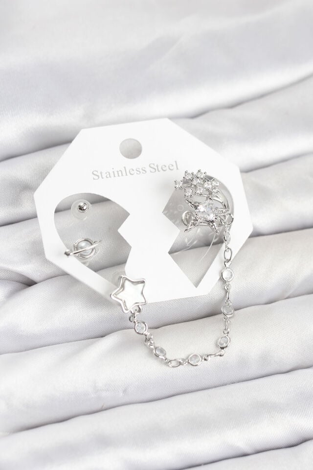 Pirinç Gümüş Renk Yıldız Model Zincir Bağlantılı Ear Cuff Küpe Seti - Lisinya