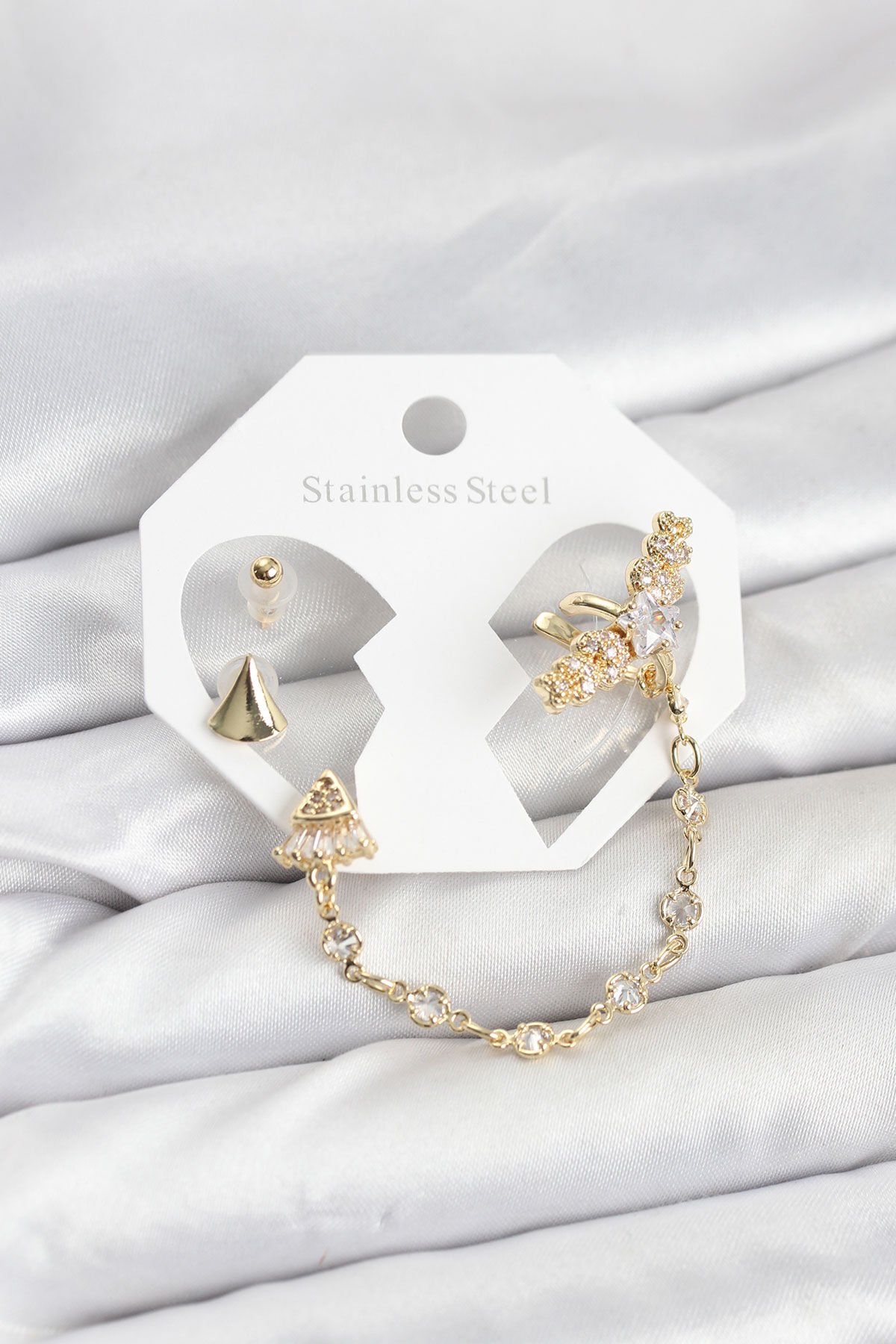 Pirinç Gold Renk Yıldızlı Model Zincir Bağlantılı Ear Cuff Küpe Seti - Lisinya
