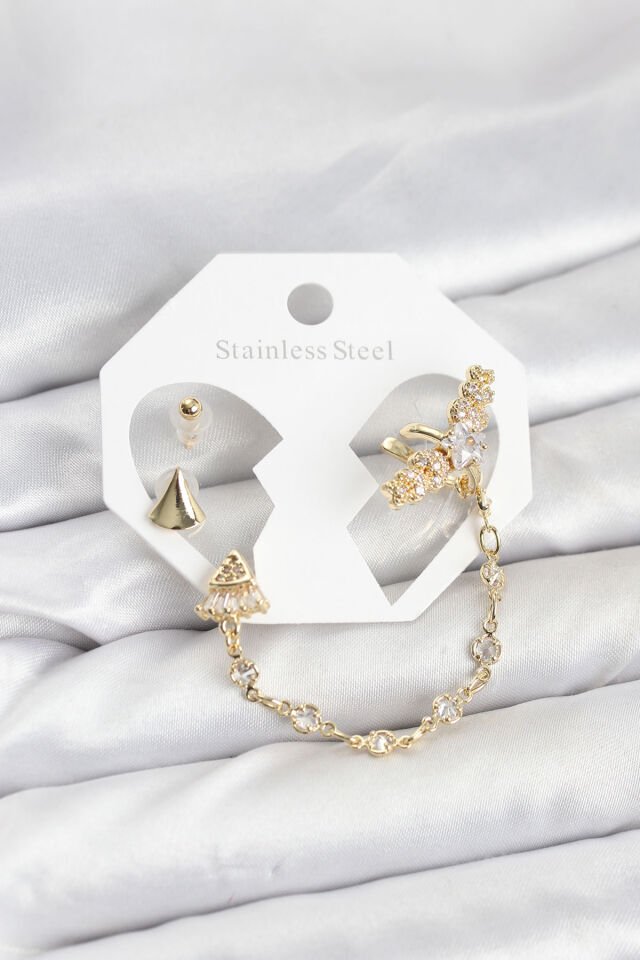 Pirinç Gold Renk Yıldızlı Model Zincir Bağlantılı Ear Cuff Küpe Seti - Lisinya