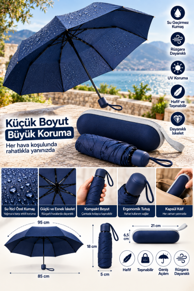Kompakt Tasarım Lacivert Kapsül Şemsiye Su Geçirmez Kumaş Rüzgara Dayanıklı