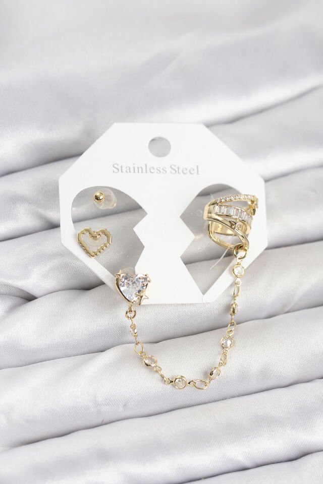 Pirinç Gold Renk Kalp Model Zincir Bağlantılı Ear Cuff Küpe Seti - Lisinya