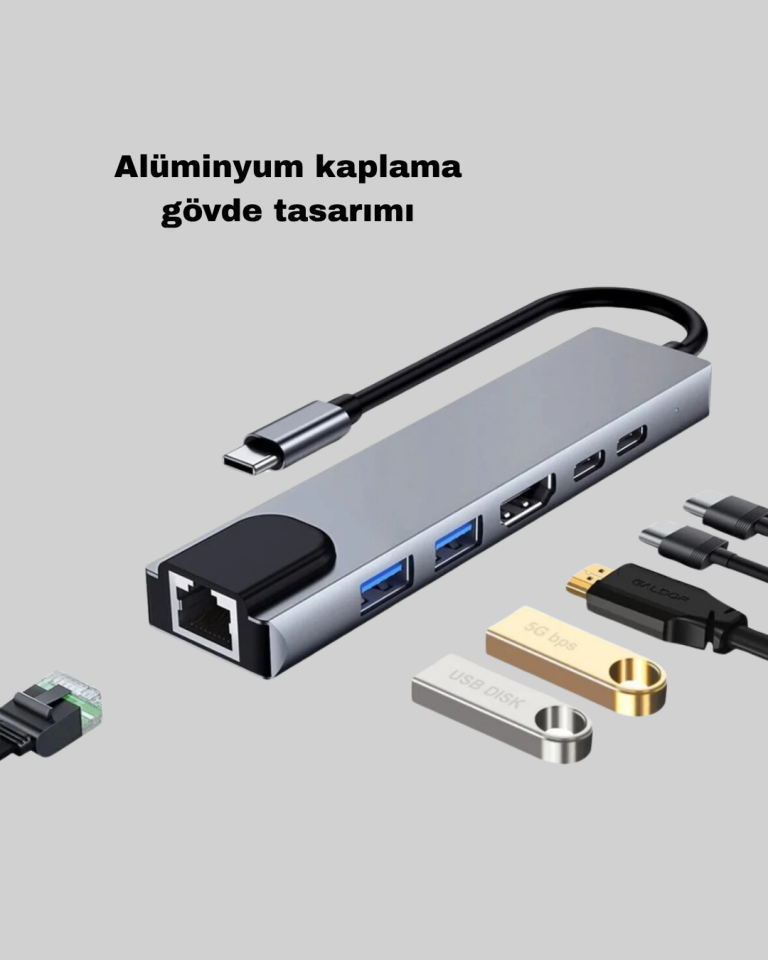 Alüminyum Kasalı MacBook USB-C Hub – 4K HDMI, USB 3.0, SD/TF Kart Girişi, PD Şarj Desteği - Lisinya