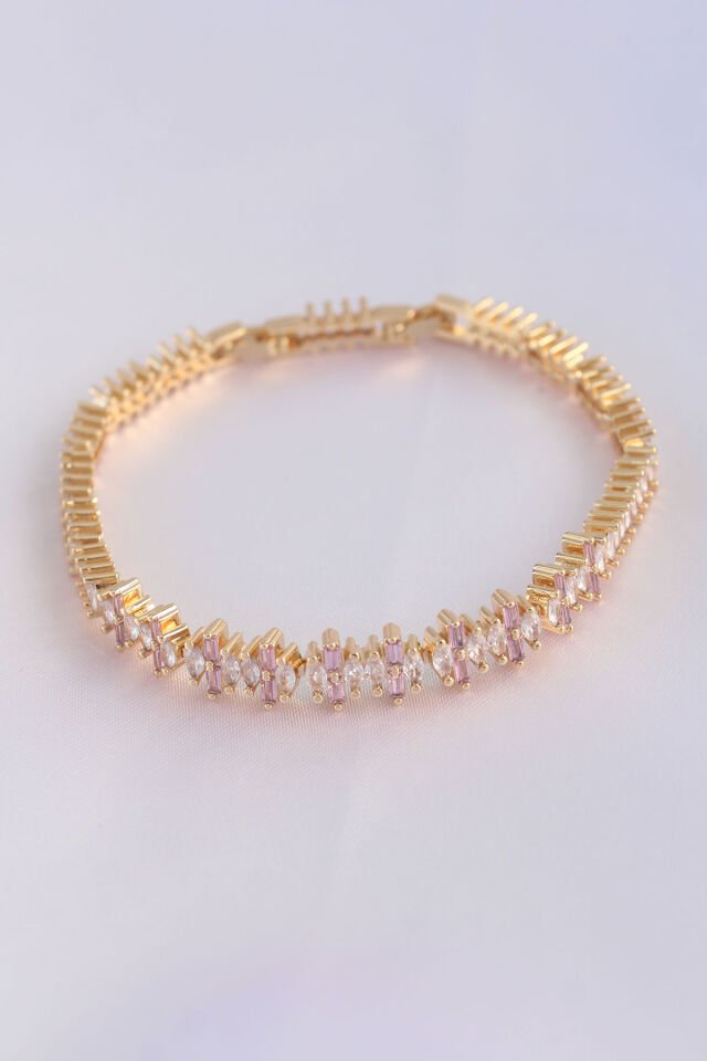 Vip Seri Pirinç Pembe Zirkon Taşlı Gold Renk Baget Model Bileklik - Lisinya