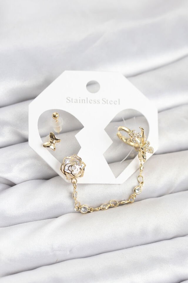 Pirinç Gold Renk Kelebekli Model Zincir Bağlantılı Ear Cuff Küpe Seti - Lisinya