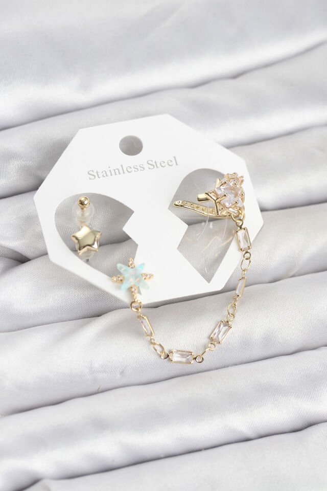 Yıldız Model Pirinç Gold Renk Zincir Bağlantılı Ear Cuff Küpe Seti - Lisinya