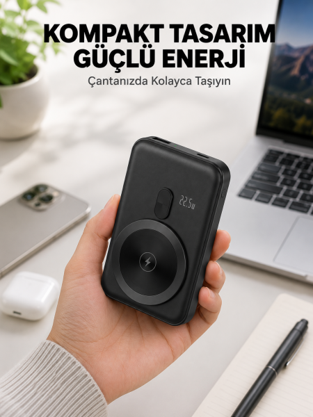 Manyetik Kablosuz Powerbank 22.5W Hızlı Şarj LCD Göstergeli Yeni Nesil - Lisinya