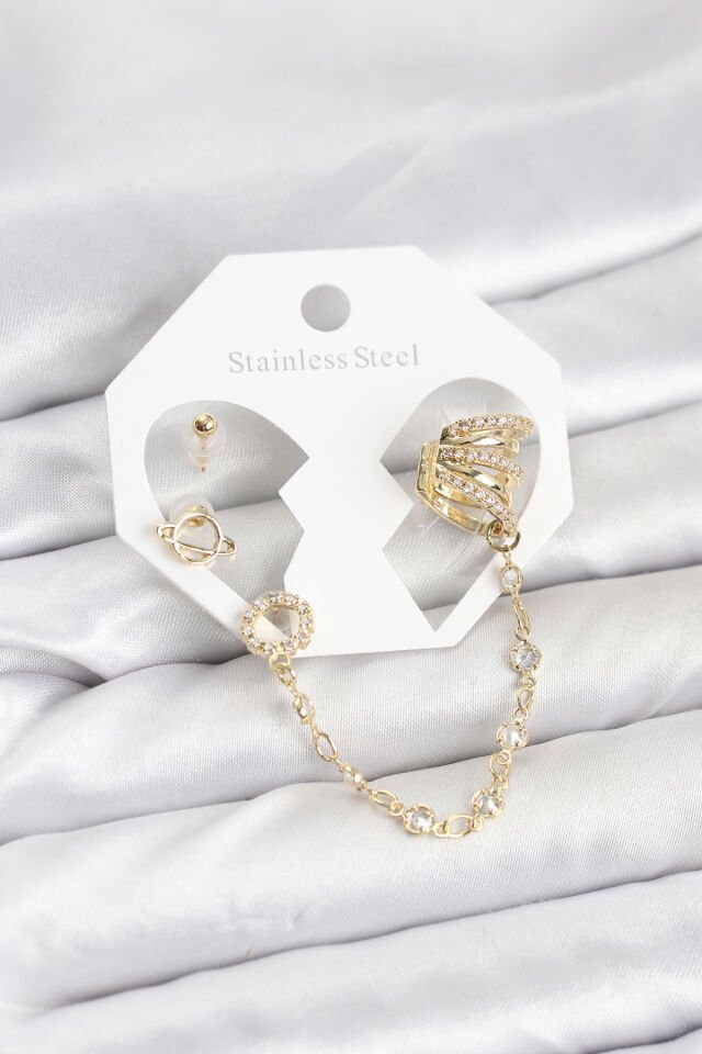Uzay Model Pirinç Gold Renk Zincir Bağlantılı Ear Cuff Küpe Seti - Lisinya