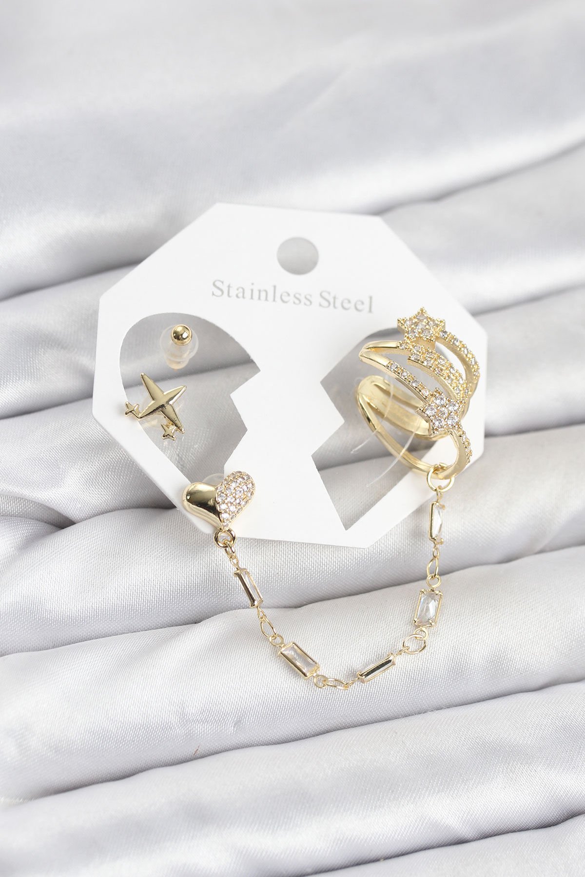 Kalp Yıldız Model Pirinç Gold Renk Zincir Bağlantılı Ear Cuff Küpe Seti - Lisinya