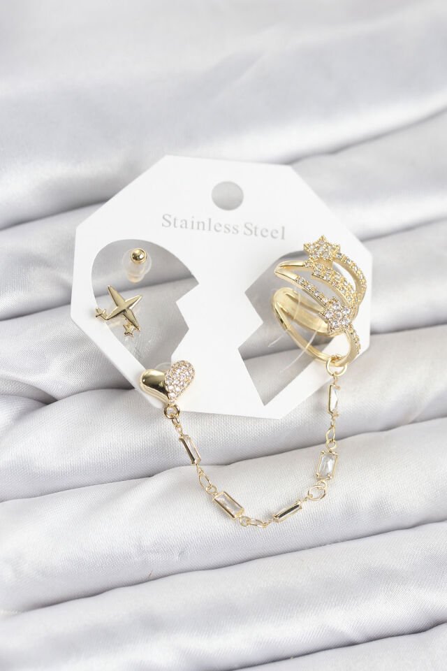 Kalp Yıldız Model Pirinç Gold Renk Zincir Bağlantılı Ear Cuff Küpe Seti - Lisinya