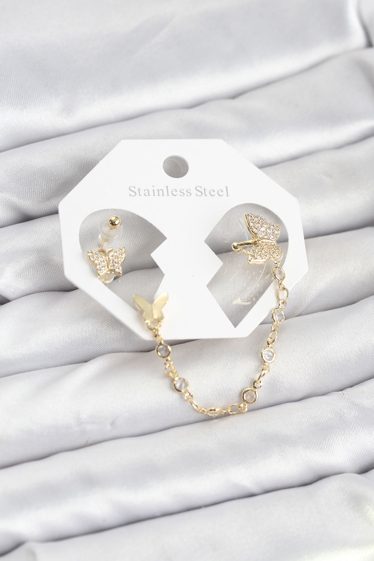 Kelebek Model Pirinç Gold Renk Zincir Bağlantılı Ear Cuff Küpe Seti - Lisinya