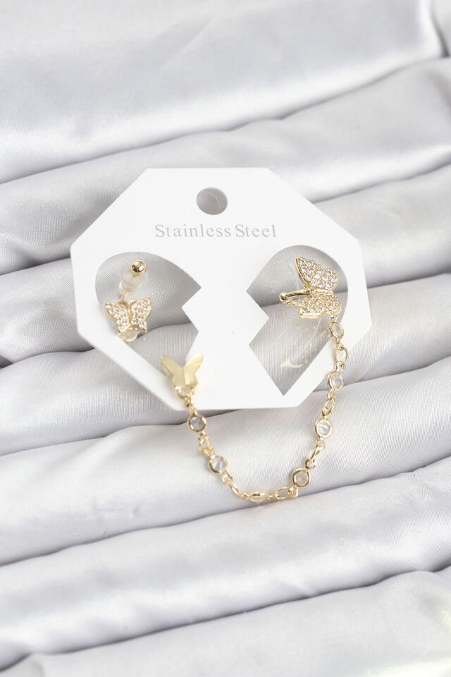 Kelebek Model Pirinç Gold Renk Zincir Bağlantılı Ear Cuff Küpe Seti - Lisinya
