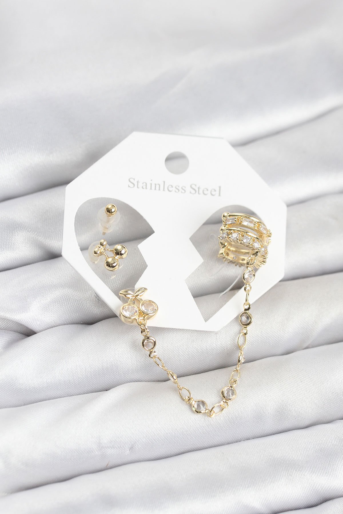 Kiraz Model Pirinç Gold Renk Zincir Bağlantılı Ear Cuff Küpe Seti - Lisinya