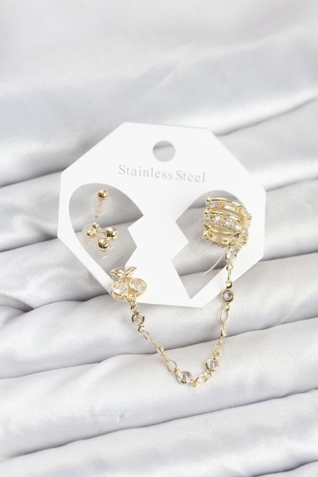 Kiraz Model Pirinç Gold Renk Zincir Bağlantılı Ear Cuff Küpe Seti - Lisinya
