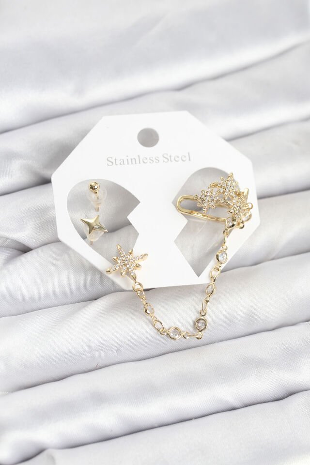 Kutup Yıldızı Model Pirinç Gold Renk Zincir Bağlantılı Ear Cuff Küpe Seti - Lisinya