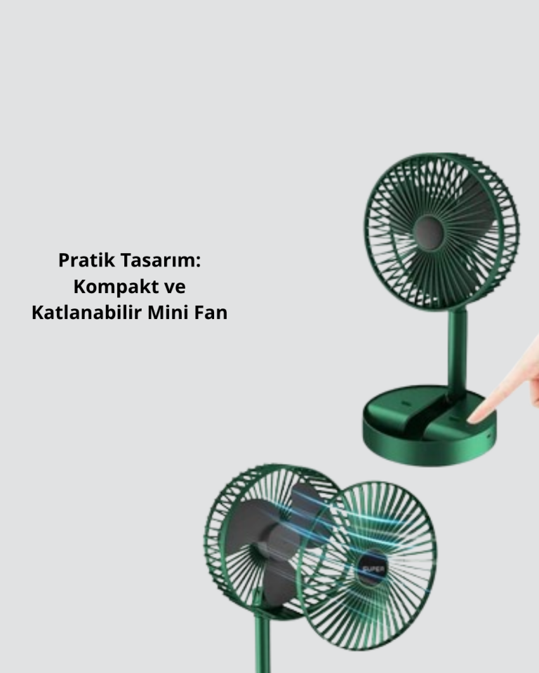 Şarjlı Katlanabilir Mini Fan – 3 Kademe Hız Ayarı, Taşınabilir Tasarım - Lisinya