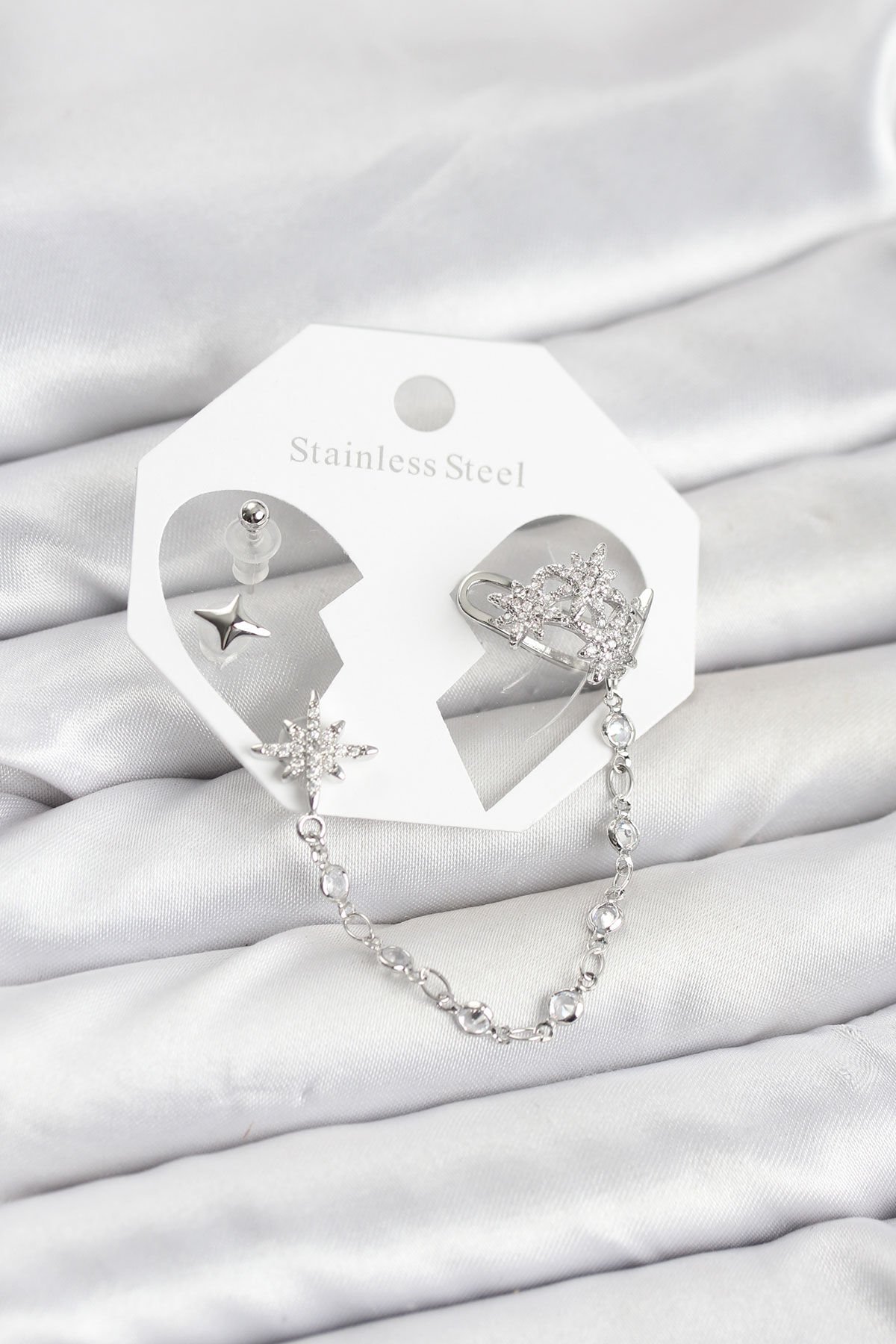 Kutup Yıldızı Model Pirinç Gümüş Renk Zincir Bağlantılı Ear Cuff Küpe Seti - Lisinya
