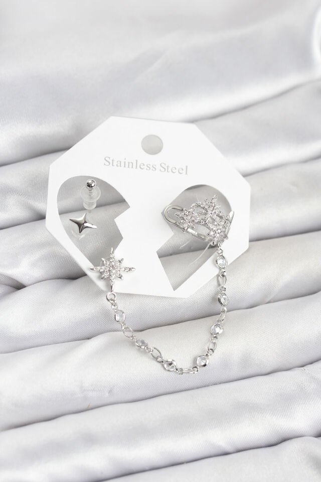 Kutup Yıldızı Model Pirinç Gümüş Renk Zincir Bağlantılı Ear Cuff Küpe Seti - Lisinya