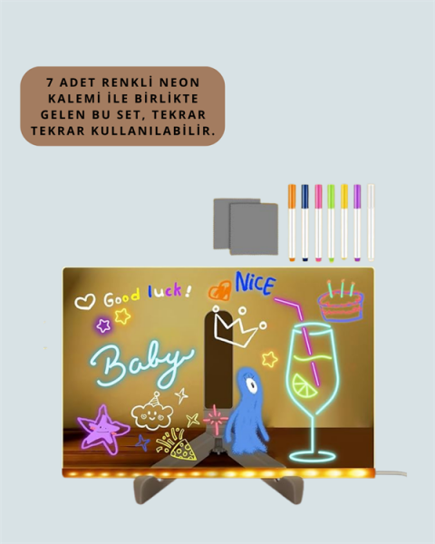 Dekoratif LED Yazı Tahtası – Silinebilir, Neon Kalemli, Planlama ve Hatırlatma İçin İdeal - Lisinya