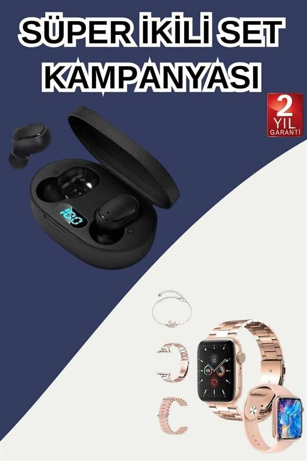 Hediye Bileklikli Akıllı Saat ve Dijital Göstergeli Bluetooth Kulaklık Çoklu Şarj Girişi