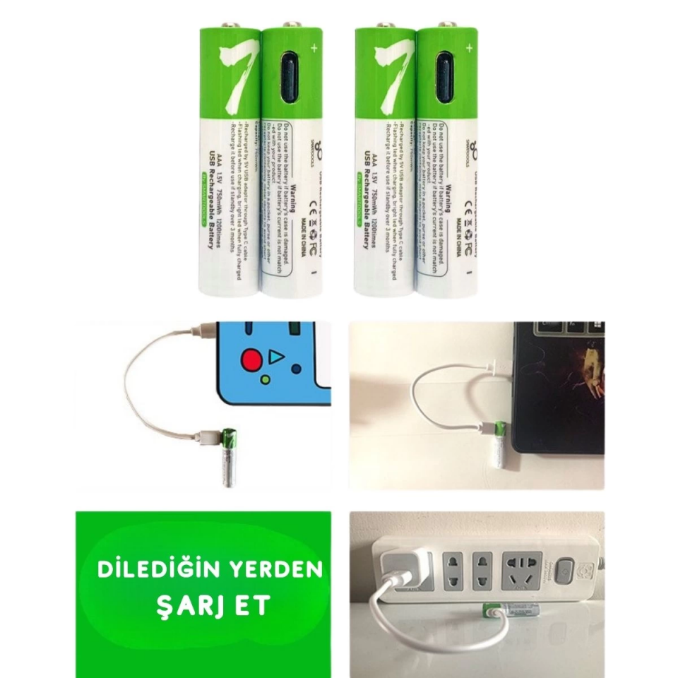 Usb Type-C ile Şarjolabilen 4 Adet AAA 1.5V Lityum Şarjlı Kalem Pil 750 mAH Uzun Ömürlü ( Lisinya )