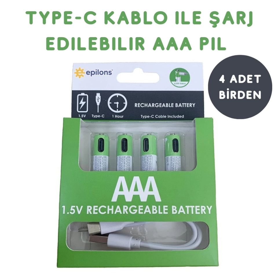 Usb Type-C ile Şarjolabilen 4 Adet AAA 1.5V Lityum Şarjlı Kalem Pil 750 mAH Uzun Ömürlü ( Lisinya )