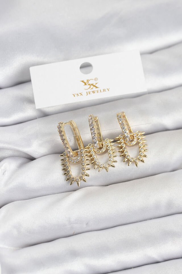 Pirinç Gold Renk Zirkon Taşlı Vintage Model YSX Trio Küpe Seti - Lisinya