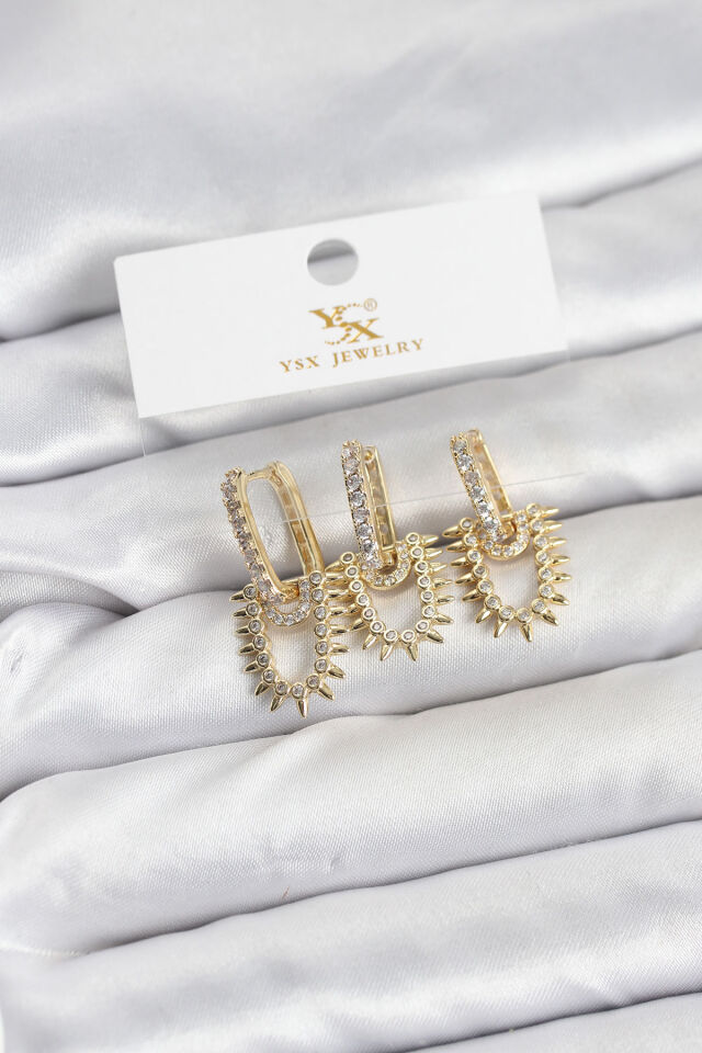 Pirinç Gold Renk Zirkon Taşlı Vintage Model YSX Trio Küpe Seti - Lisinya