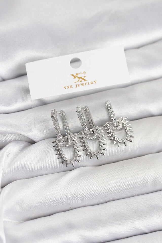 Pirinç Gümüş Renk Zirkon Taşlı Vintage Model YSX Trio Küpe Seti - Lisinya