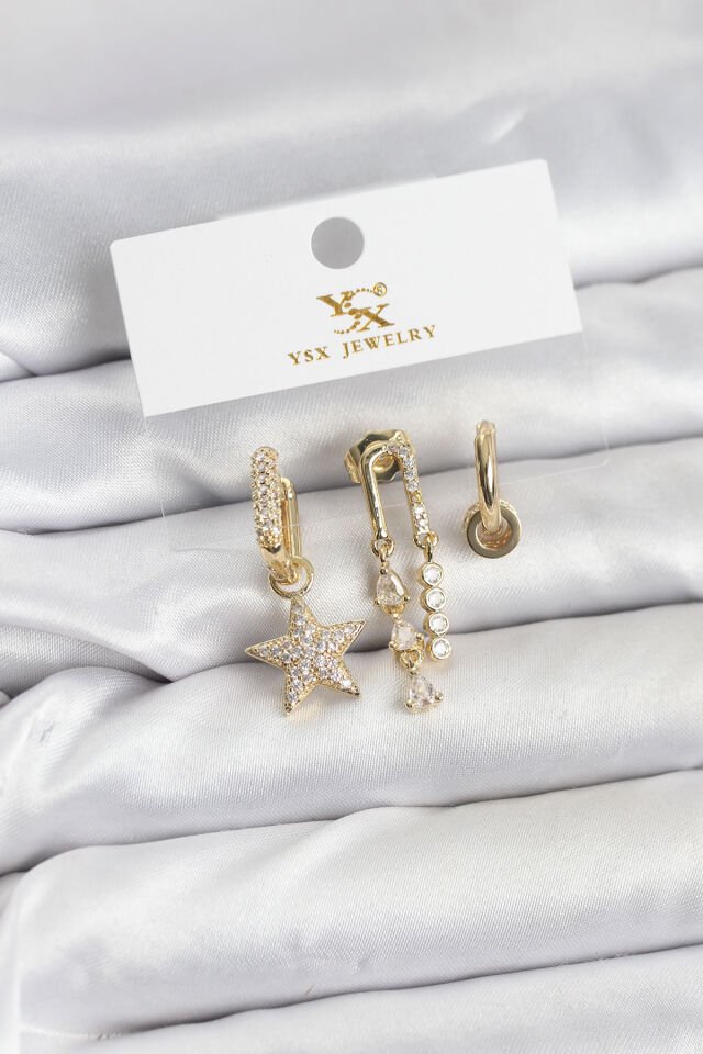 Pirinç Gold Renk Zirkon Taşlı Yıldız Vintage Model YSX Trio Küpe Seti - Lisinya