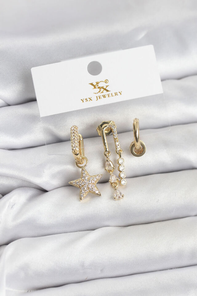 Pirinç Gold Renk Zirkon Taşlı Yıldız Vintage Model YSX Trio Küpe Seti - Lisinya