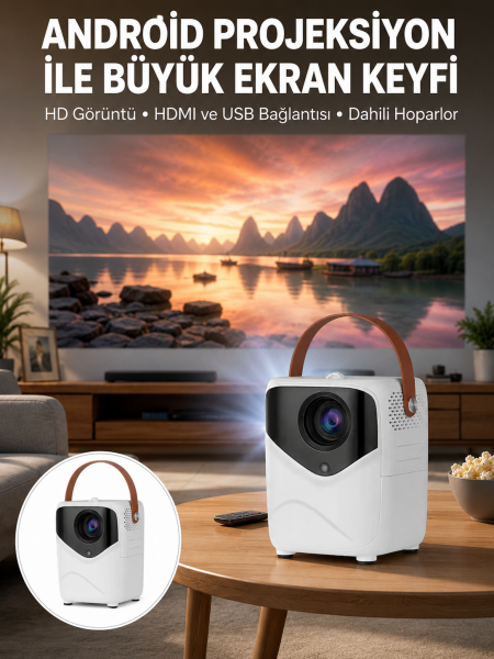 HD Ayaklı Portatif Projeksiyon Cihazı Bluetooth Wifi Akıllı Android İşlemcili Yeni Nesil - Lisinya
