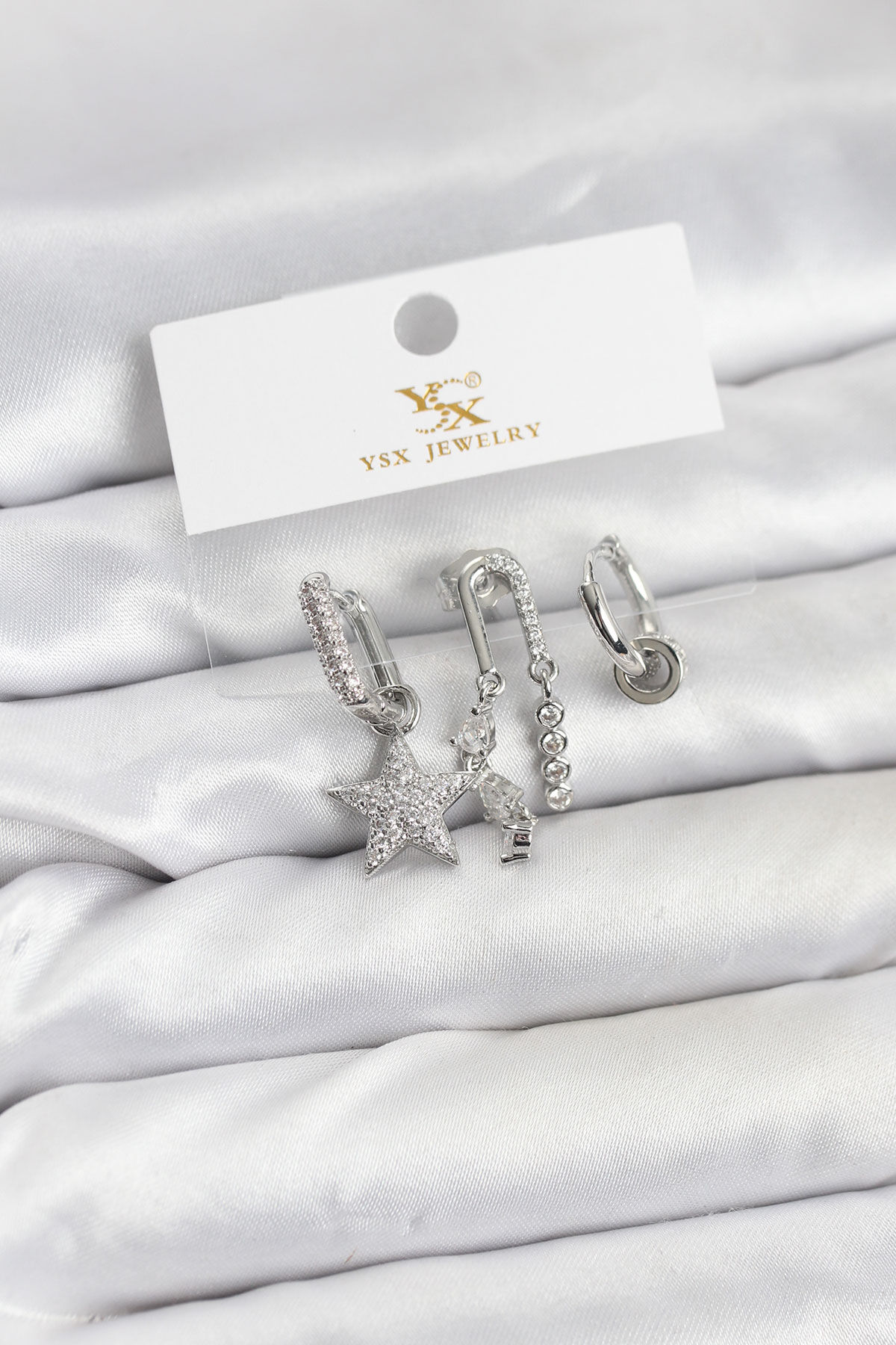 Pirinç Gümüş Renk Zirkon Taşlı Yıldız Vintage Model YSX Trio Küpe Seti - Lisinya