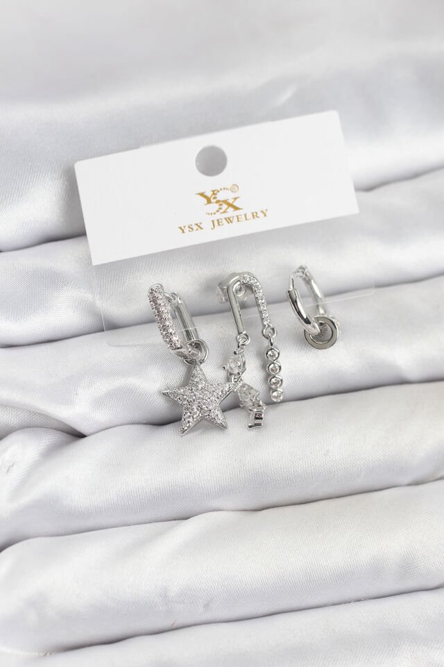 Pirinç Gümüş Renk Zirkon Taşlı Yıldız Vintage Model YSX Trio Küpe Seti - Lisinya