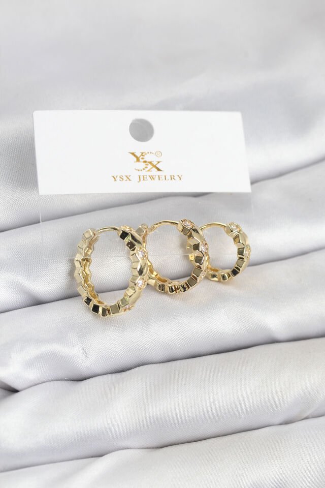 Pirinç Gold Renk Zirkon Taşlı Petek Halka Model YSX Trio Küpe Seti - Lisinya