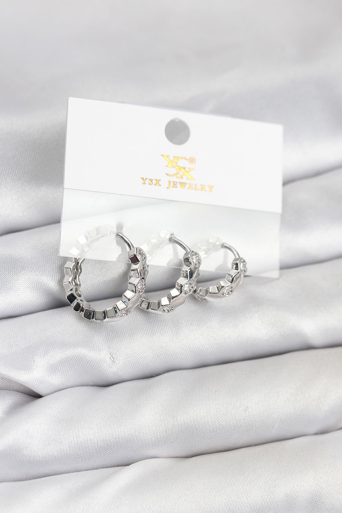Pirinç Gümüş Renk Zirkon Taşlı Petek Halka Model YSX Trio Küpe Seti - Lisinya