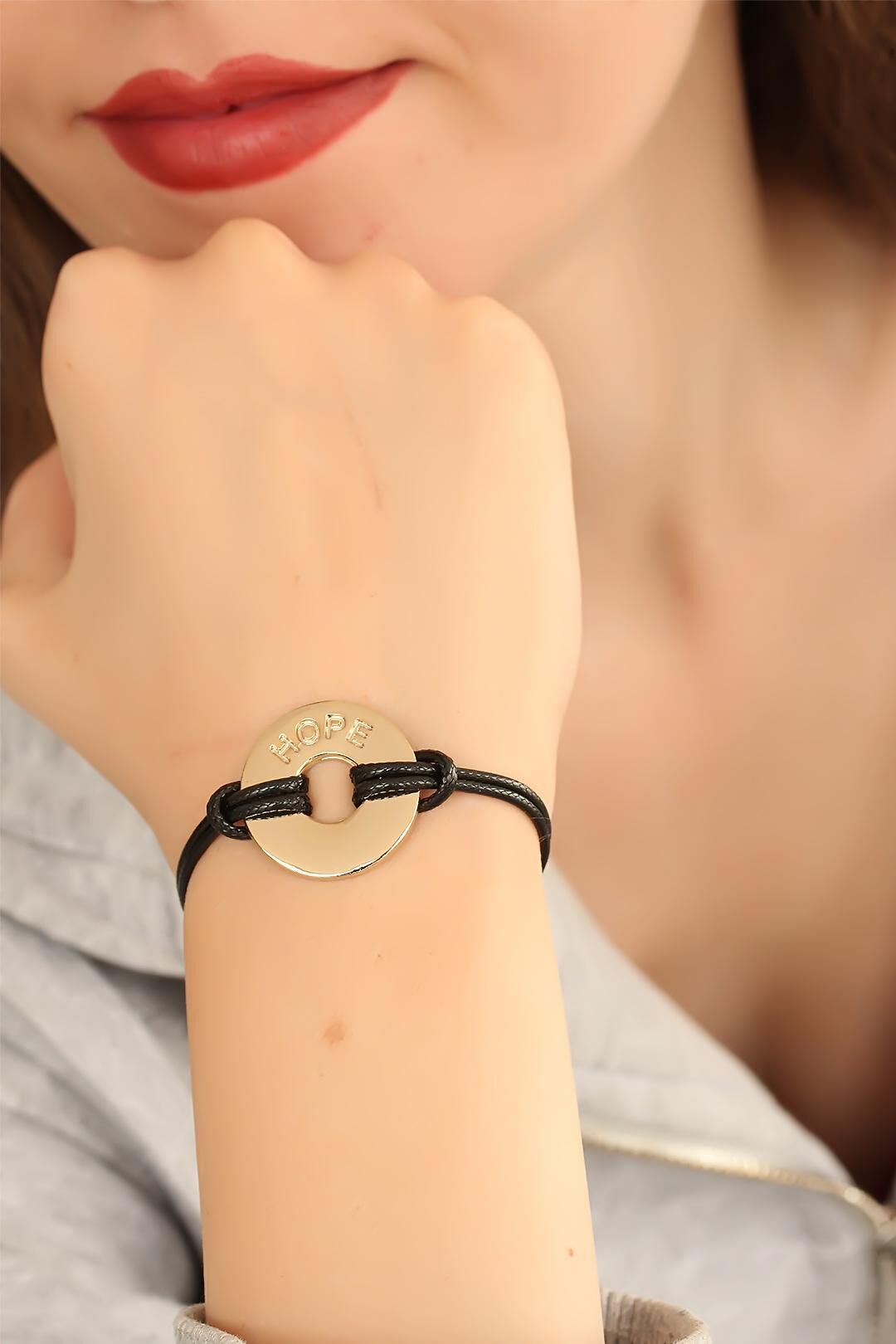HOPE (Umutlu) Siyah Deri İpli Unisex Mood Bileklik - Lisinya
