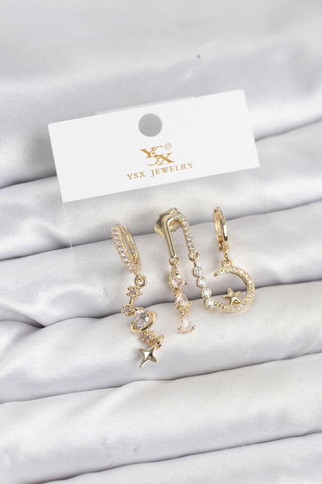 Pirinç Gold Renk Zirkon Taşlı Uzay Model YSX Trio Küpe Seti - Lisinya